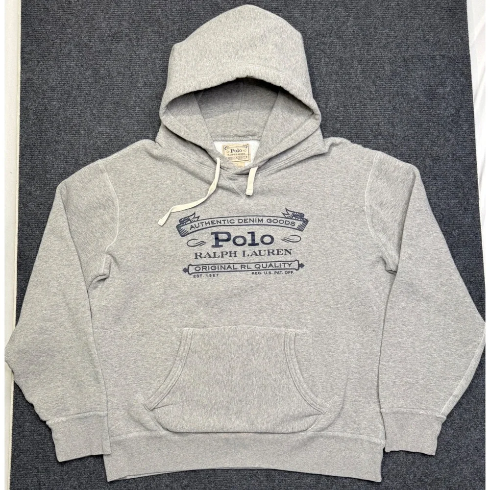 Polo Ralph Lauren Mens Authentic Denim Goods Hoodie Gray Graphic Sweatshirt L